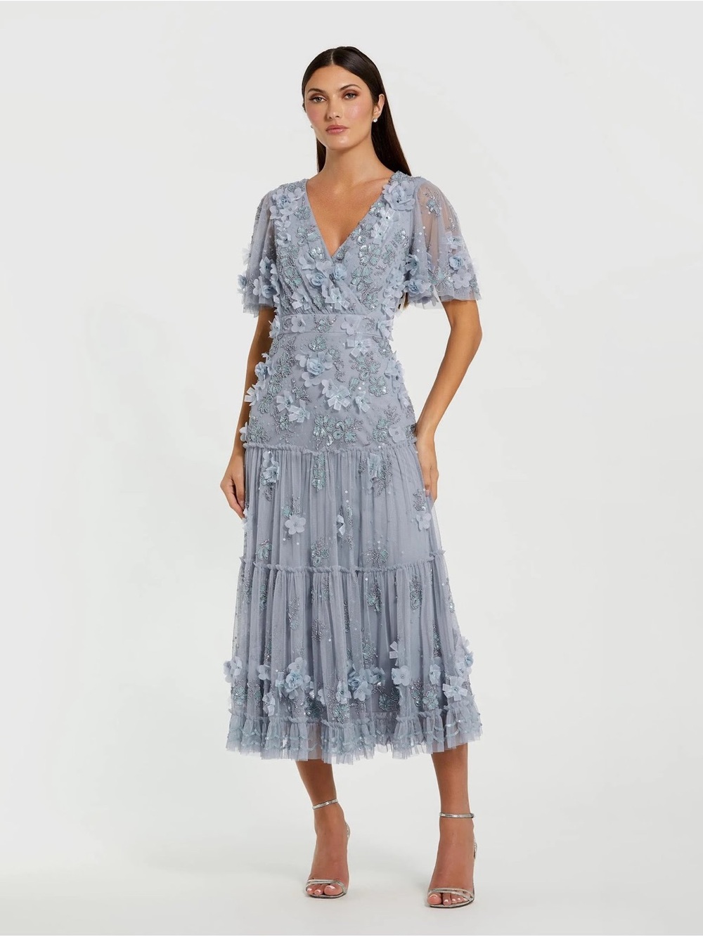 Mac Duggal 9207 Blue Floral Embellished Flutter Sleeve Dress Size 18 NWT